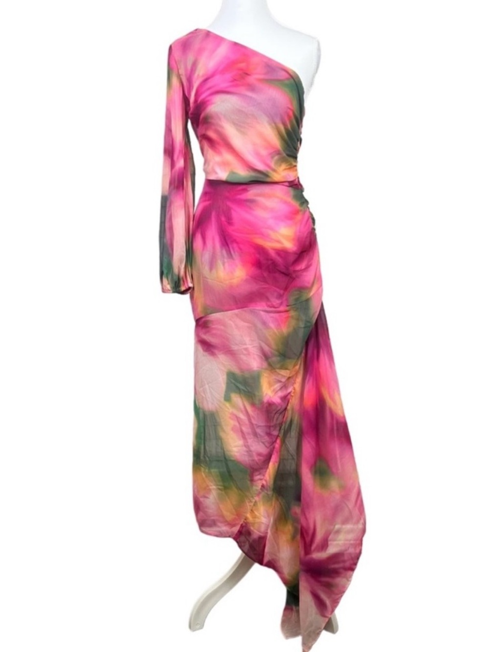 NWT MISA Los Angeles Blurred Hibiscus One Shoulder Maxi Dress XS Silk Chiffon